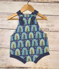 Load image into Gallery viewer, 12-18Month Mint Rainbows Knotted Overall Shorties